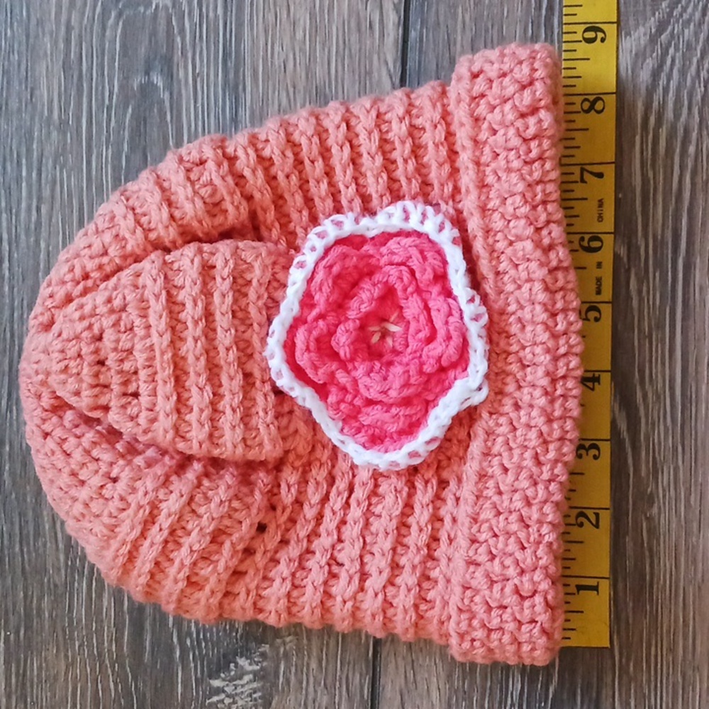 Beanie Hand Crochet Knit Hat with Flower Peach Pink Color